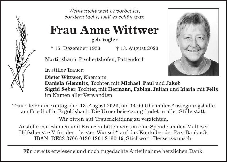 Traueranzeige Anne Wittwer