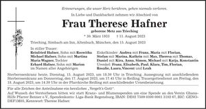 Traueranzeige Therese Hafner