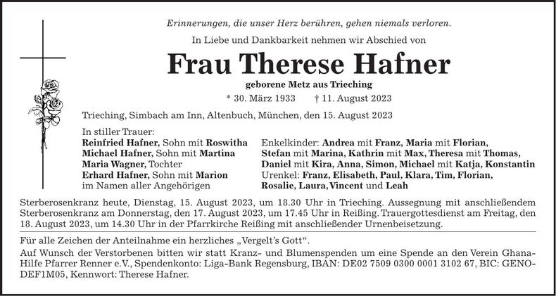 Traueranzeige Therese Hafner
