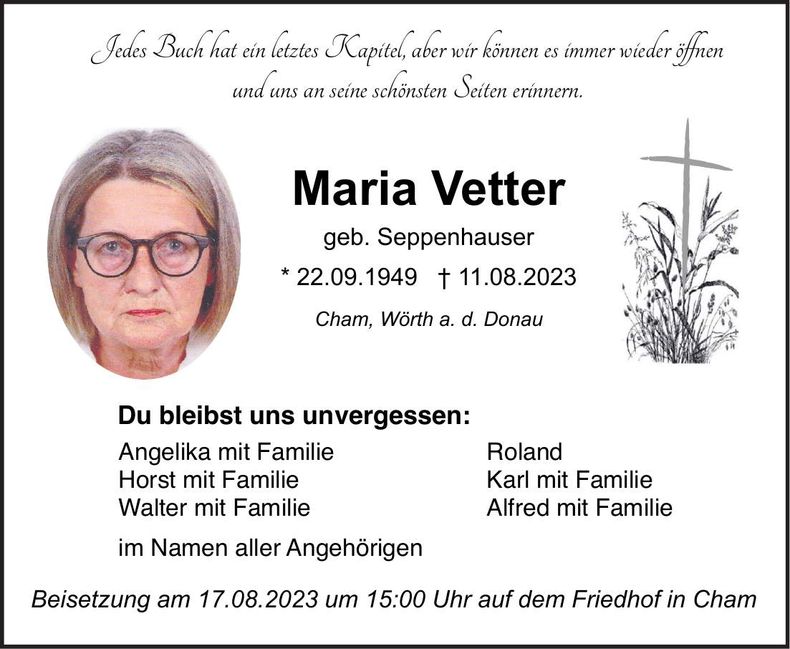 Traueranzeige Maria Vetter