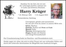 Traueranzeige Harry Krüger