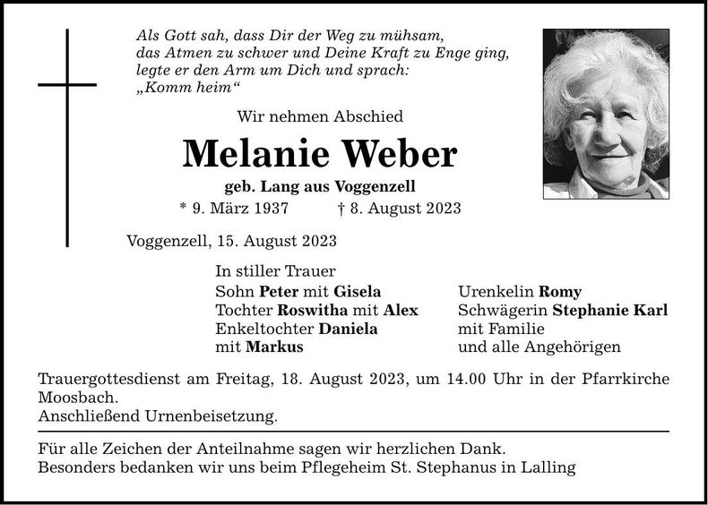 Traueranzeige Weber Melanie