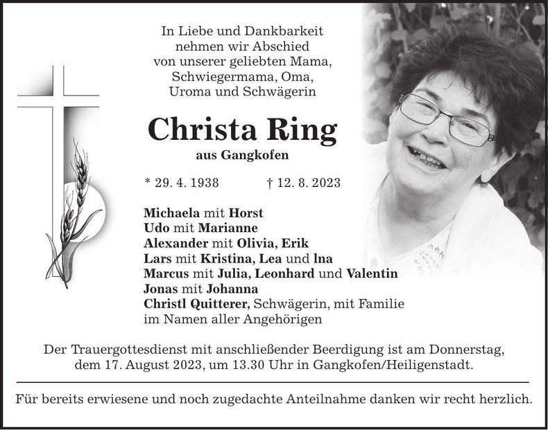 Traueranzeige Christa Ring