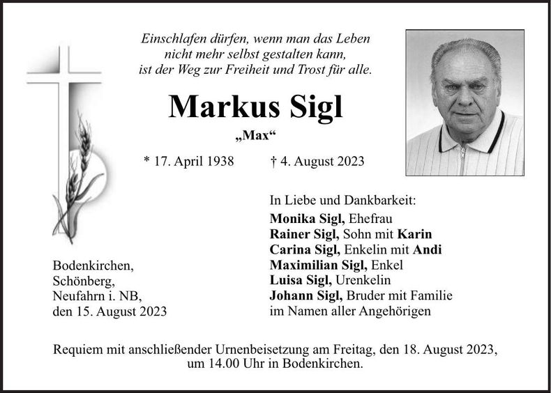 Traueranzeige Markus Sigl