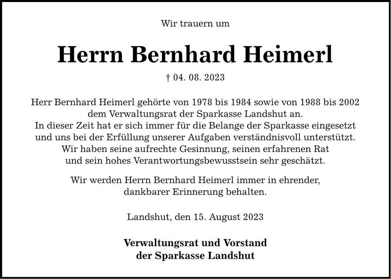 Traueranzeige Bernhard Heimerl