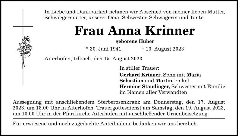 Traueranzeige Anna Krinner