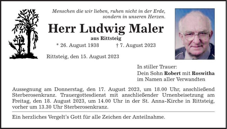 Traueranzeige Ludwig Maler