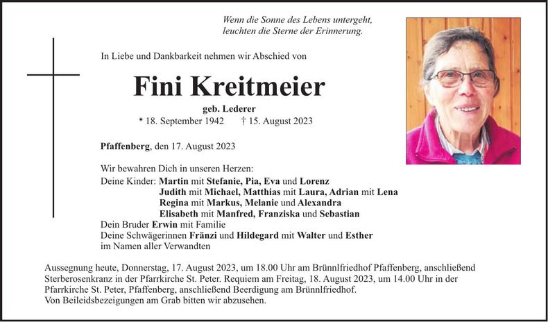 Traueranzeige Fini Kreitmeier