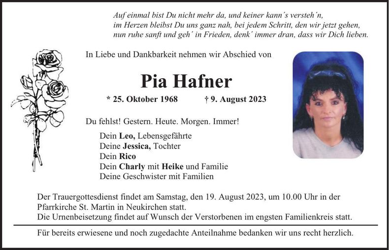 Traueranzeige Pia Hafner