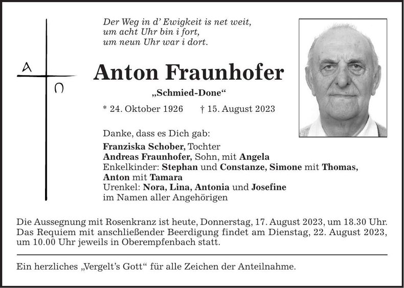 Traueranzeige Anton Fraunhofer