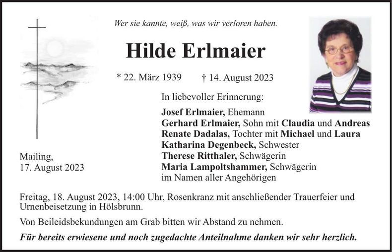 Traueranzeige Hilde Erlmaier
