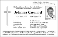 Traueranzeige Johanna Czemmel