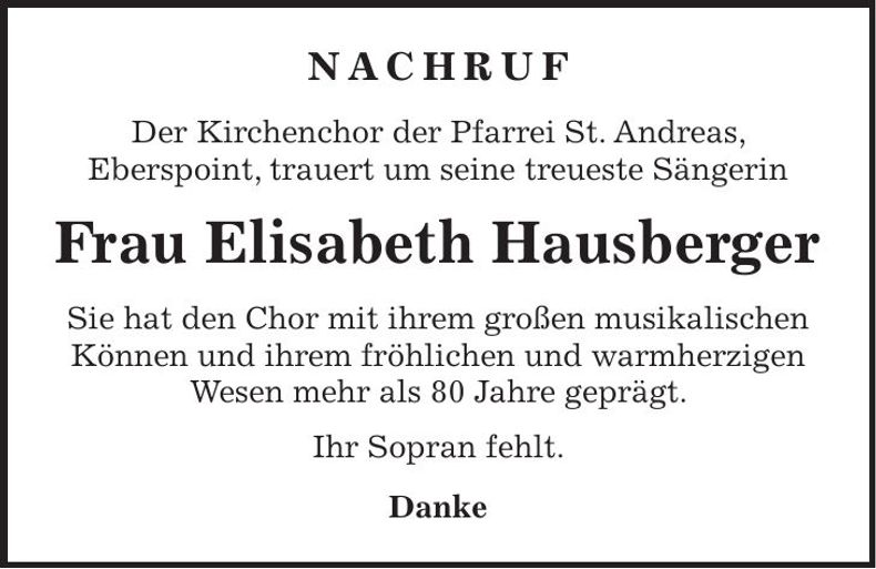 Traueranzeige Elisabeth Hausberger
