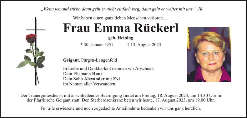 Traueranzeige Emma Rückerl