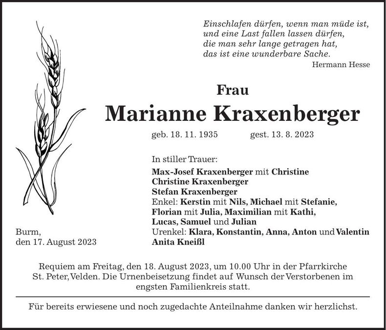 Traueranzeige Marianne Kraxenberger