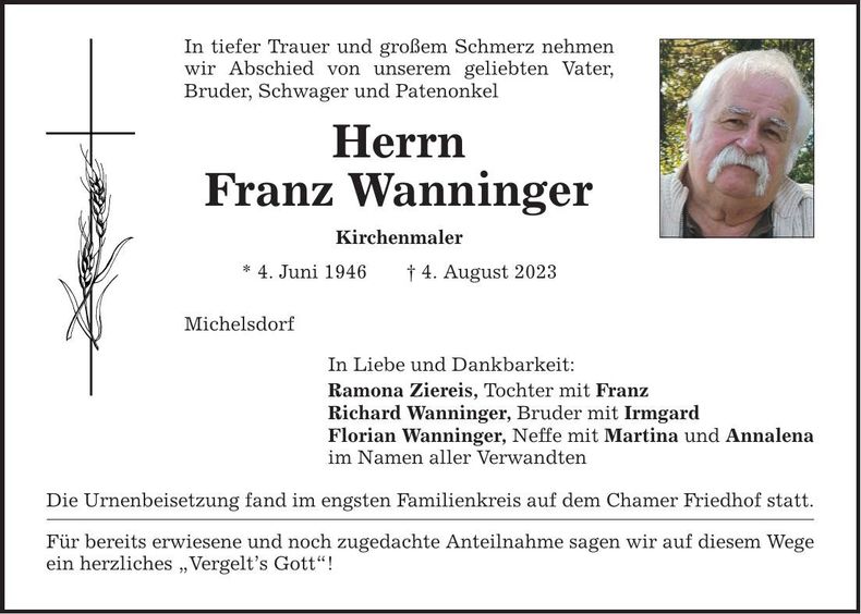 Traueranzeige Franz Wanninger
