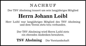 Traueranzeige Johann Loibl