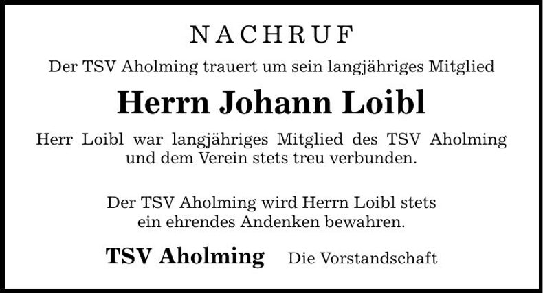Traueranzeige Johann Loibl