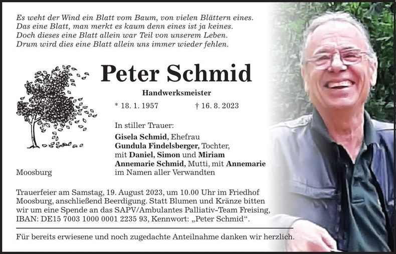Traueranzeige Peter Schmid