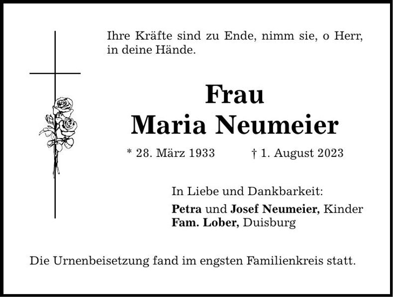 Traueranzeige Maria Neumeier