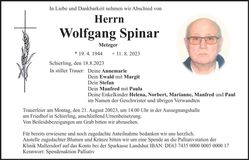 Traueranzeige Wolfgang Spinar