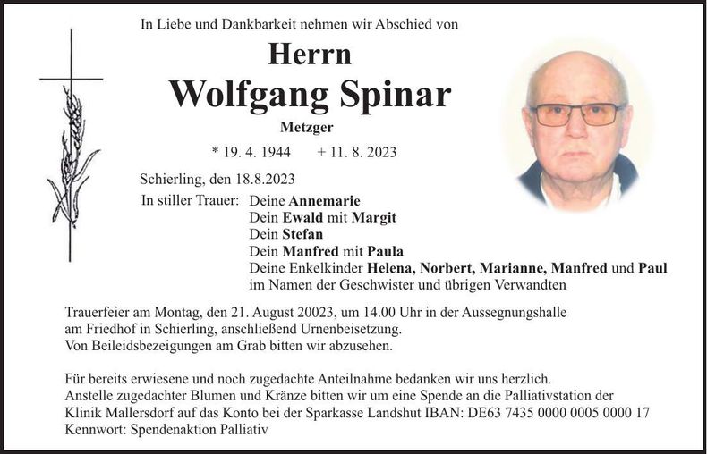 Traueranzeige Wolfgang Spinar