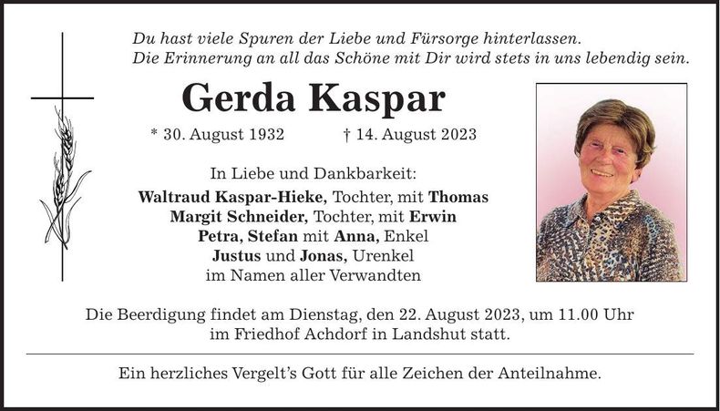 Traueranzeige Gerda Kaspar