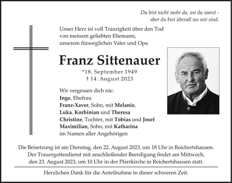 Traueranzeige Franz Sittenauer