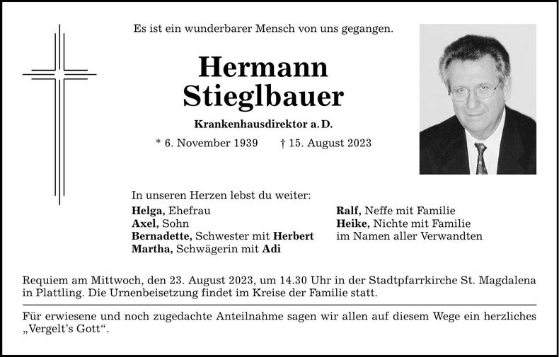 Traueranzeige Hermann Stieglbauer