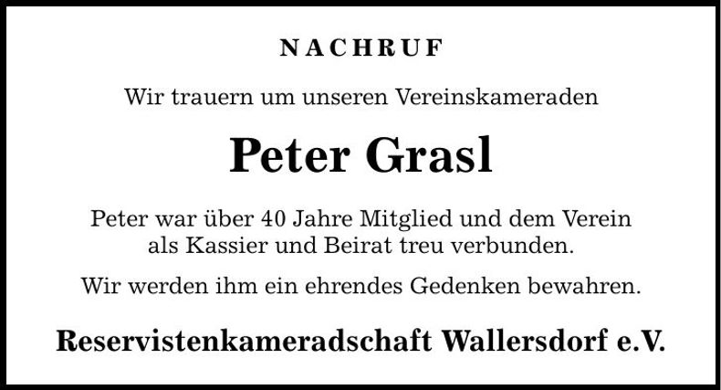 Traueranzeige Peter Grasl