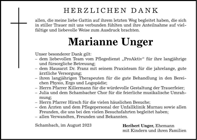 Traueranzeige Marianne Unger