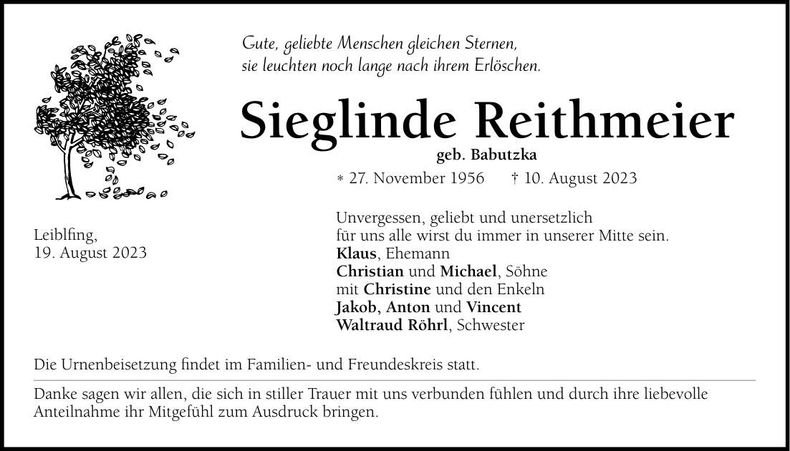 Traueranzeige Sieglinde Reithmeier