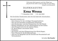 Traueranzeige Erna Wrona