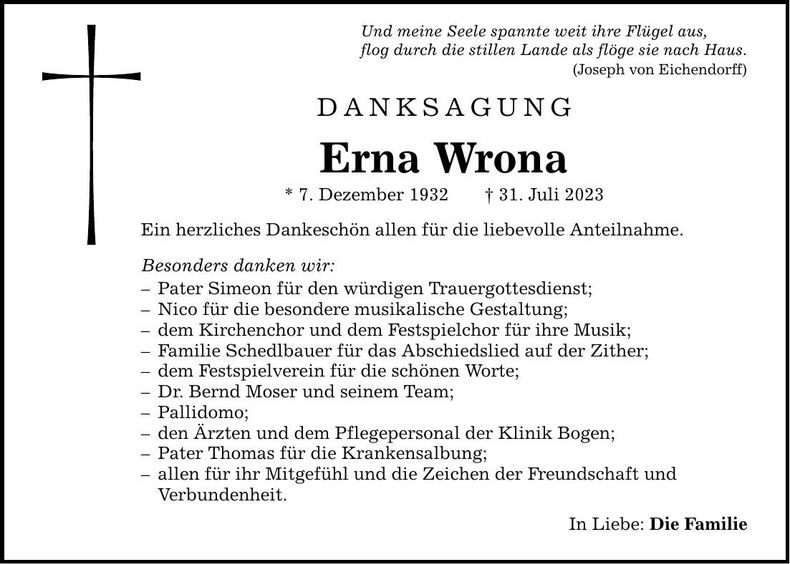 Traueranzeige Erna Wrona
