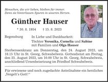 Traueranzeige Günther Hauser