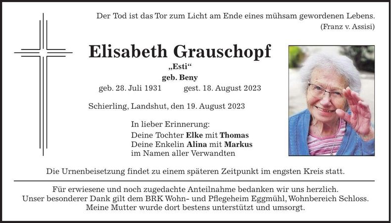 Traueranzeige Elisabeth Grauschopf