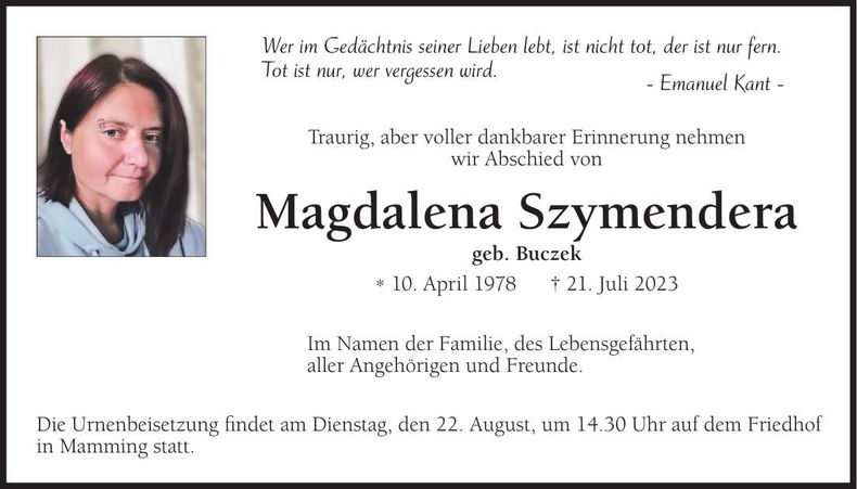 Traueranzeige Magdalena Szymendera