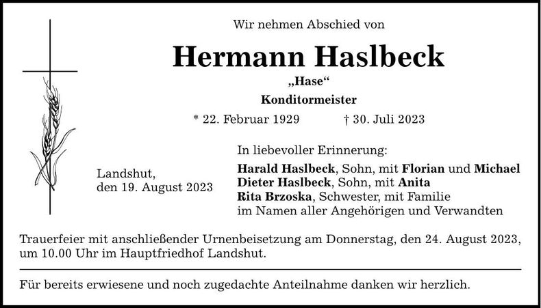 Traueranzeige Hermann Haslbeck