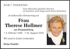 Traueranzeige Therese Hollmer