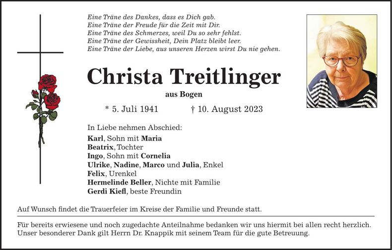 Traueranzeige Christa Treitlinger