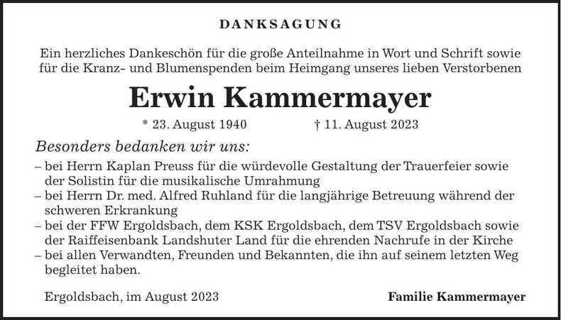 Traueranzeige Erwin Kamermayer