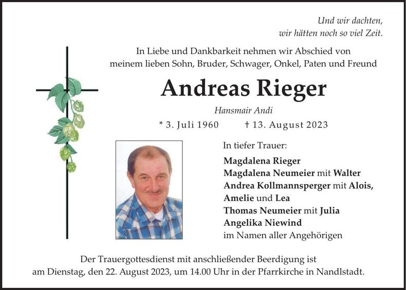Traueranzeige Andreas Rieger
