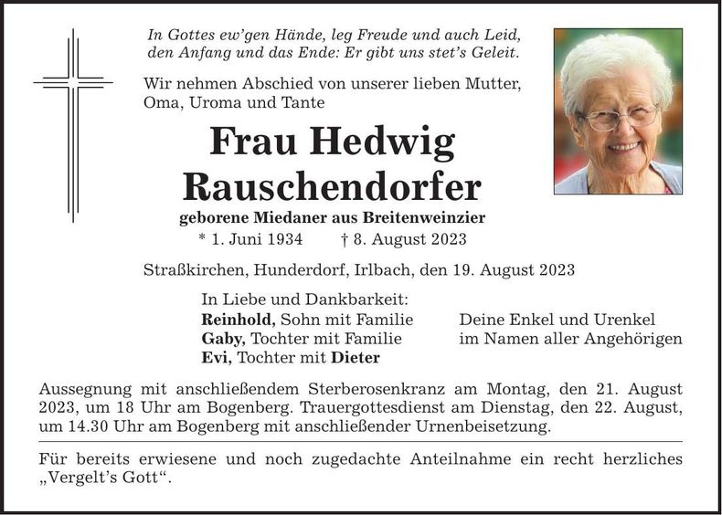 Traueranzeige Hedwig Rauschendorfer