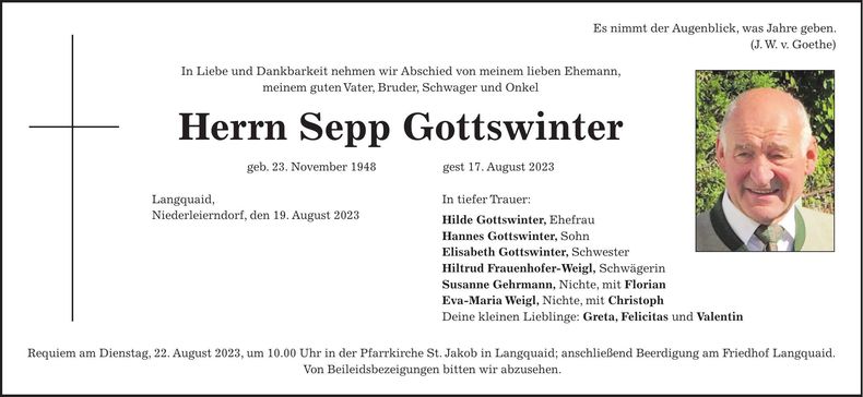 Traueranzeige Sepp Gottswinter