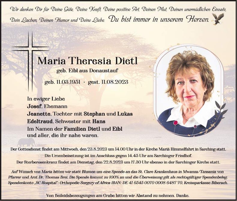 Traueranzeige Maria Theresia Dietl