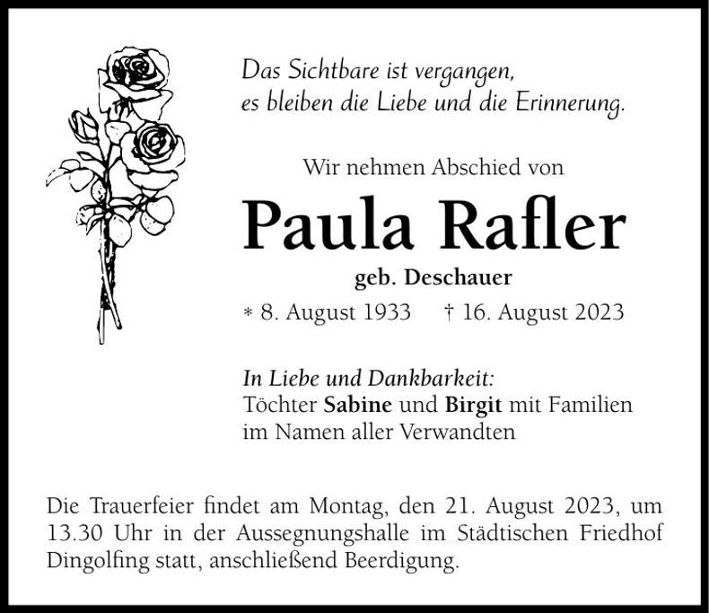 Traueranzeige Paula Rafler