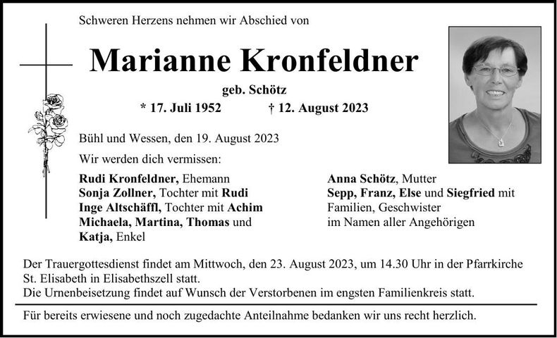 Traueranzeige Marianne Kronfeldner