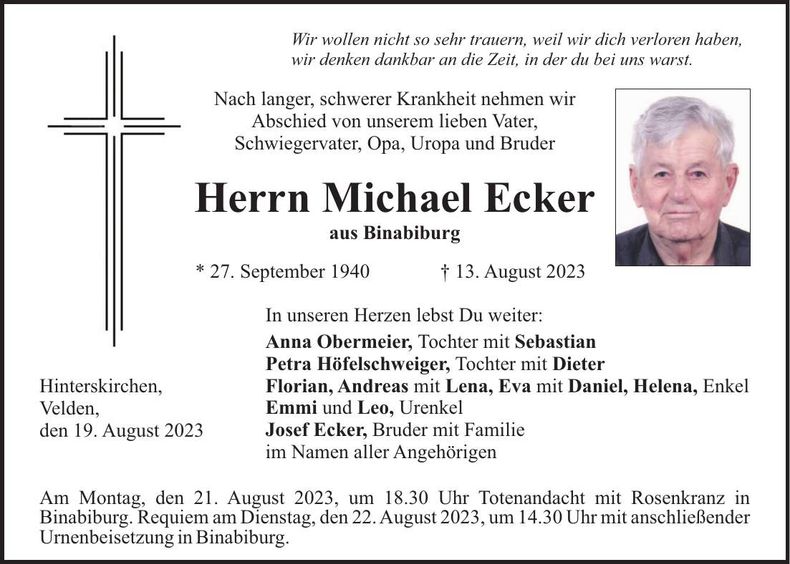 Traueranzeige Michael Ecker