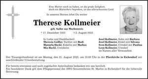 Traueranzeige Therese Kollmeier
