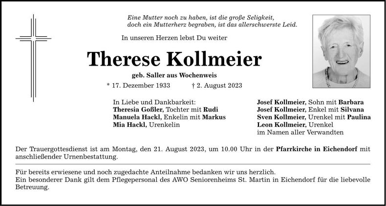 Traueranzeige Therese Kollmeier